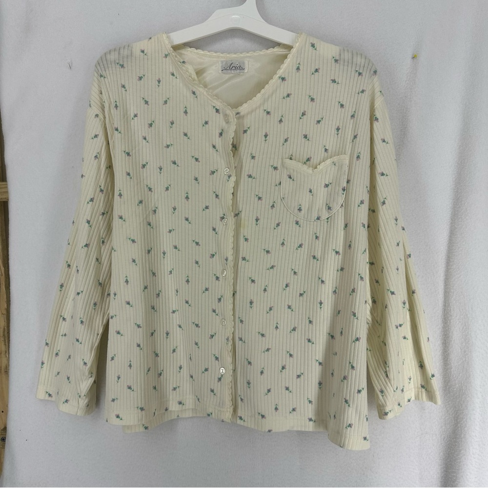 Aria Long Sleeve‎ Button Floral Ribbed Blouse Shirt Womens Large Beige